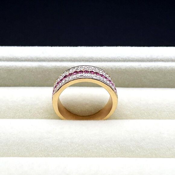 Yellow Gold with Pink Sapphire Crystal Milgrain Band Ring Size 11 - Picture 3 of 9